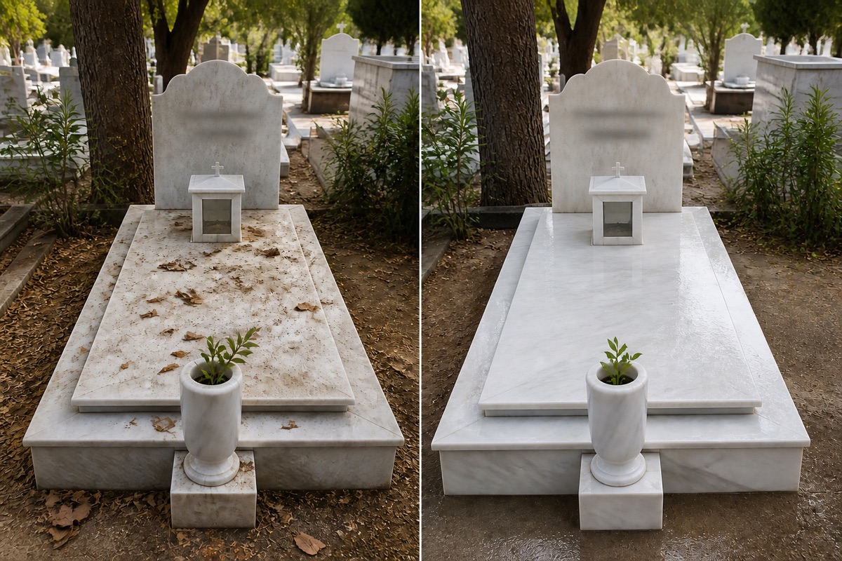 Ενδεικτική εικόνα πριν και μετά από απλή φροντίδα και καθαρισμό τάφου